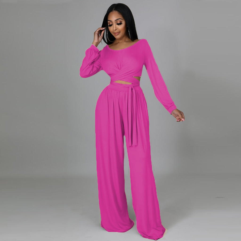 Solid Color Lace up Two-piece Set