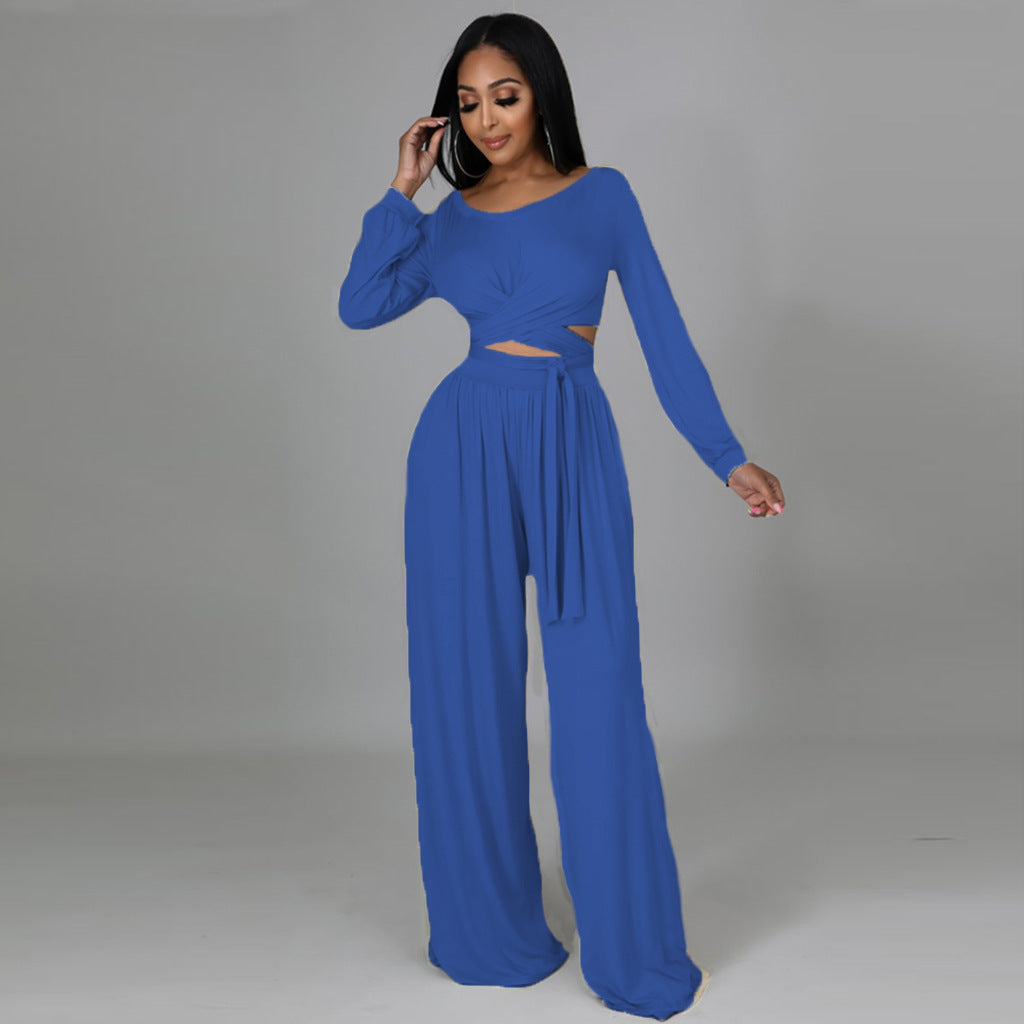 Solid Color Lace up Two-piece Set