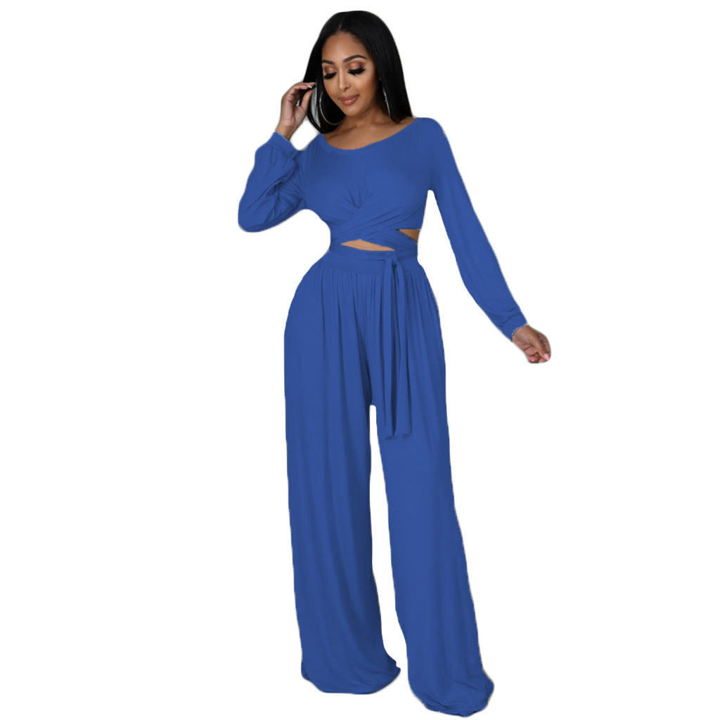 Solid Color Lace up Two-piece Set