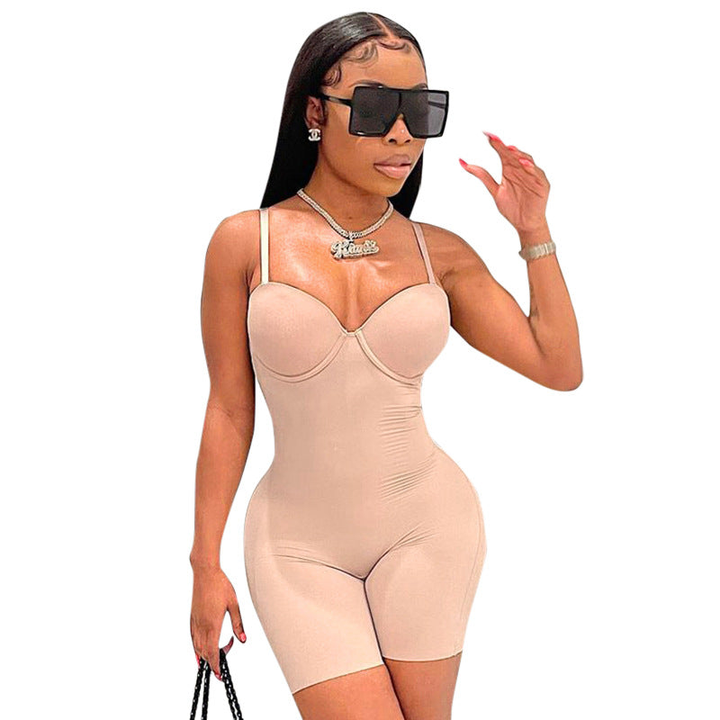 solid color shoulder straps high waist slim sling jumpsuit